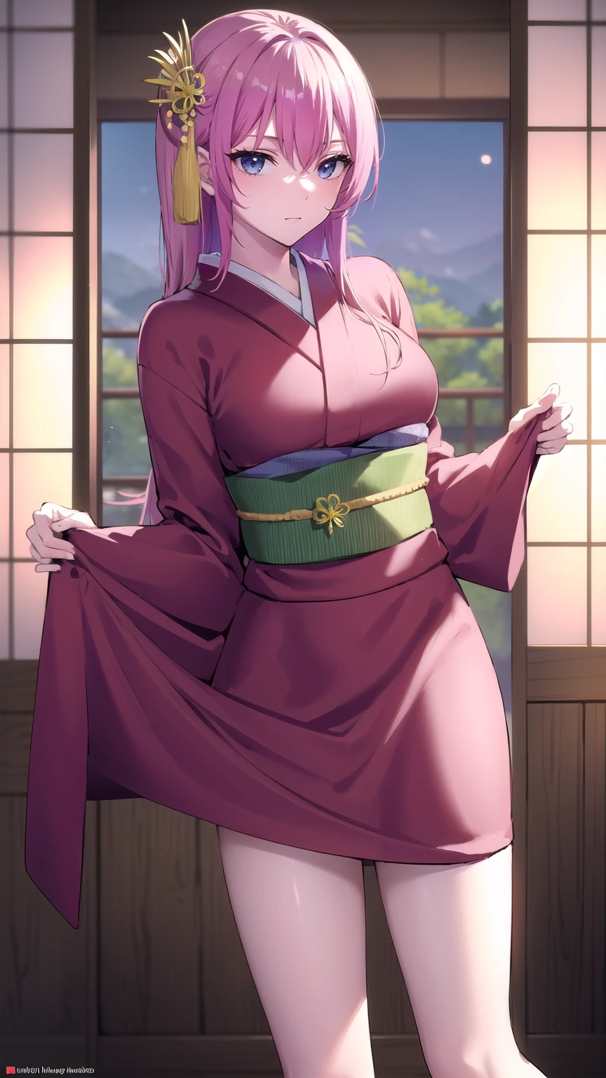 kayosudou, kayo sudou, blue eyes, pink hair, long hair, BREAK flower, flowes, green sash, hair ornament, japanese clothes, kimono, obi, red kimono, sash, mature woman, milf
BREAK (standing), cowboy shot, looking at viewer, (dress lift, bare legs, nsfw, pussy:1.2),
BREAK indoors,
BREAK (masterpiece:1.2), best quality, high resolution, unity 8k wallpaper, (illustration:0.8), (beautiful detailed eyes:1.6), extremely detailed face, perfect lighting, extremely detailed CG, (perfect hands, perfect anatomy),