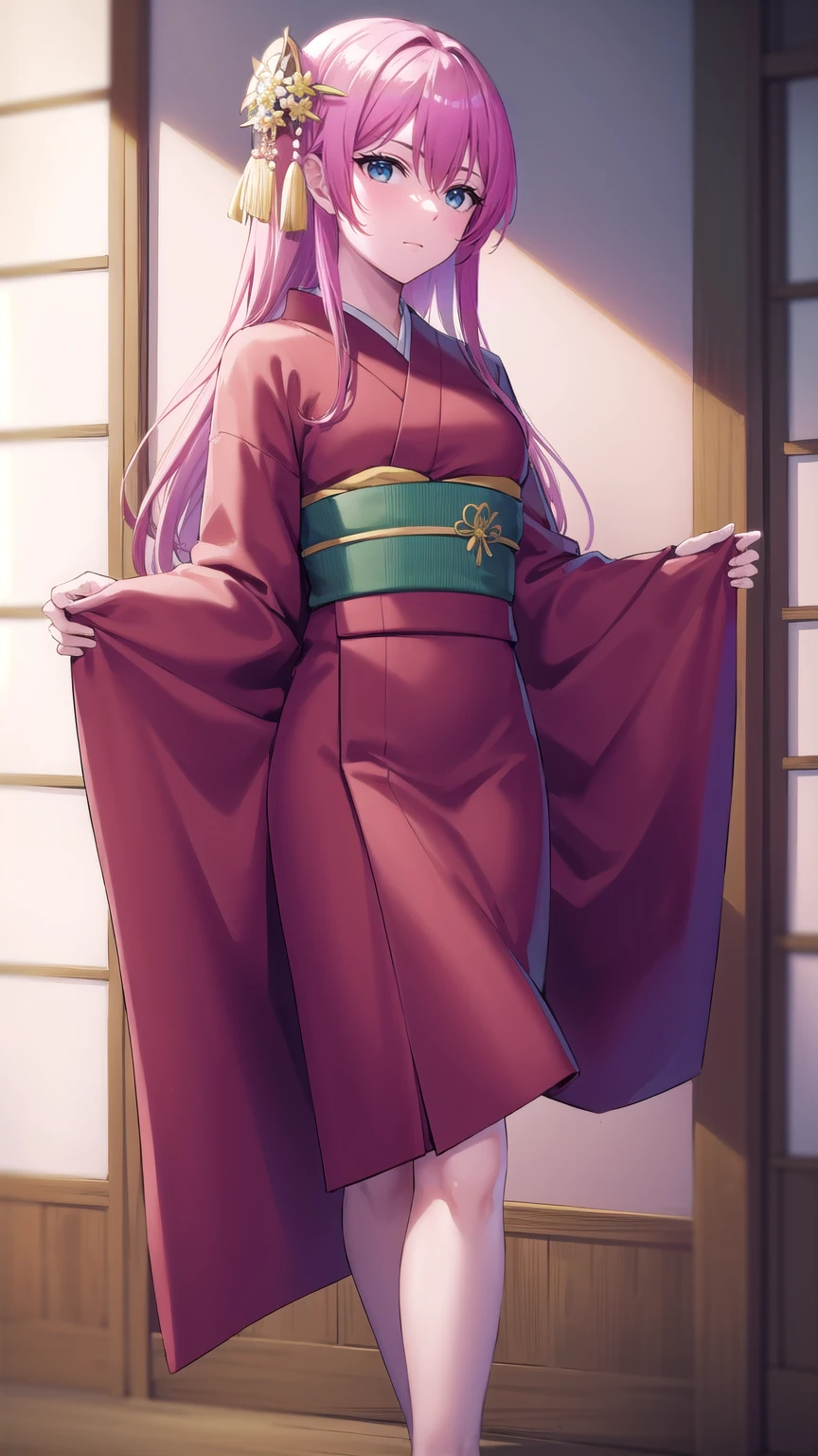 kayosudou, kayo sudou, blue eyes, pink hair, long hair, BREAK flower, flowes, green sash, hair ornament, japanese clothes, kimono, obi, red kimono, sash, mature woman, milf
BREAK (standing), cowboy shot, looking at viewer, (dress lift, bare legs, nsfw, pussy:1.2),
BREAK indoors,
BREAK (masterpiece:1.2), best quality, high resolution, unity 8k wallpaper, (illustration:0.8), (beautiful detailed eyes:1.6), extremely detailed face, perfect lighting, extremely detailed CG, (perfect hands, perfect anatomy),