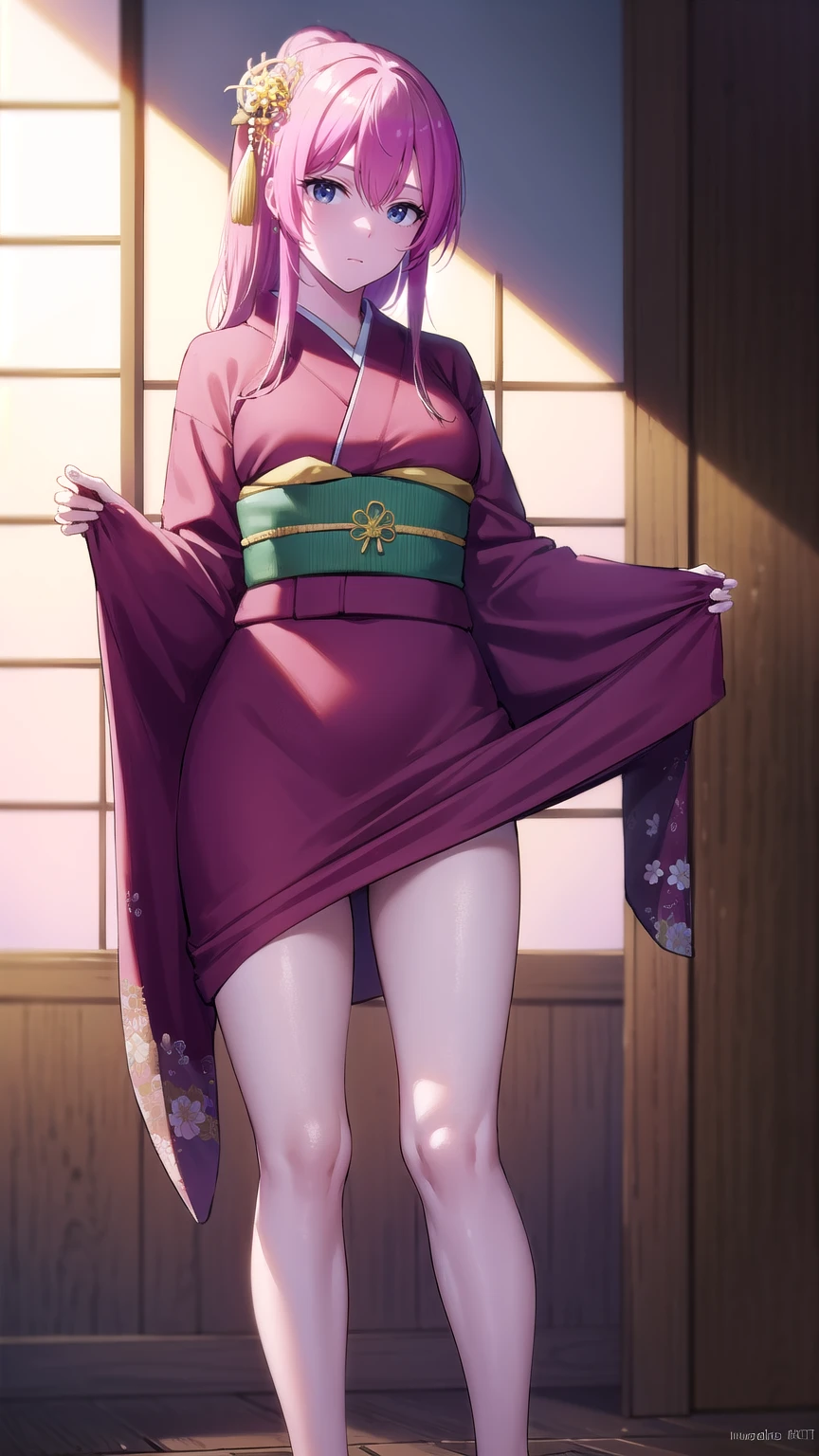 kayosudou, kayo sudou, blue eyes, pink hair, long hair, BREAK flower, flowes, green sash, hair ornament, japanese clothes, kimono, obi, red kimono, sash, mature woman, milf
BREAK (standing), cowboy shot, looking at viewer, (dress lift, bare legs, nsfw, pussy:1.2),
BREAK indoors,
BREAK (masterpiece:1.2), best quality, high resolution, unity 8k wallpaper, (illustration:0.8), (beautiful detailed eyes:1.6), extremely detailed face, perfect lighting, extremely detailed CG, (perfect hands, perfect anatomy),