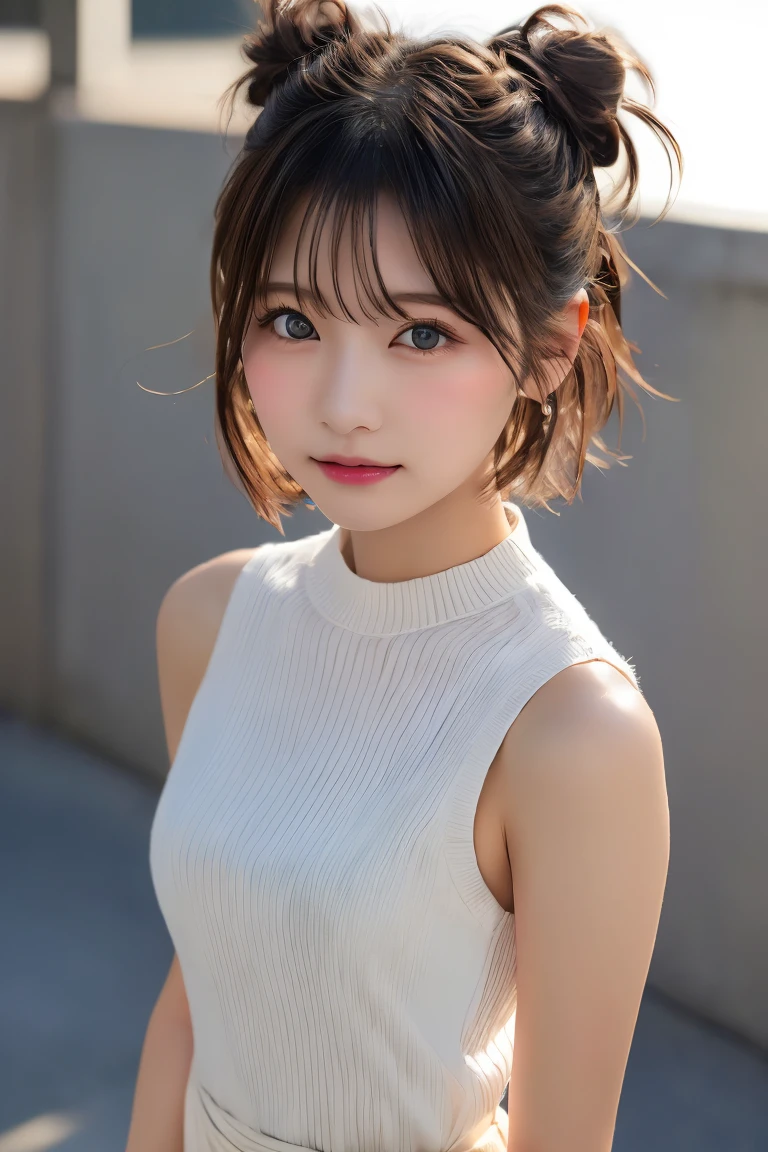 Highest quality, (beautiful)、beautiful女性、、Precision Eyes、Brown eyes、Looking into the camera、Bun Hair、Shoot from above、Head to waist、one piece