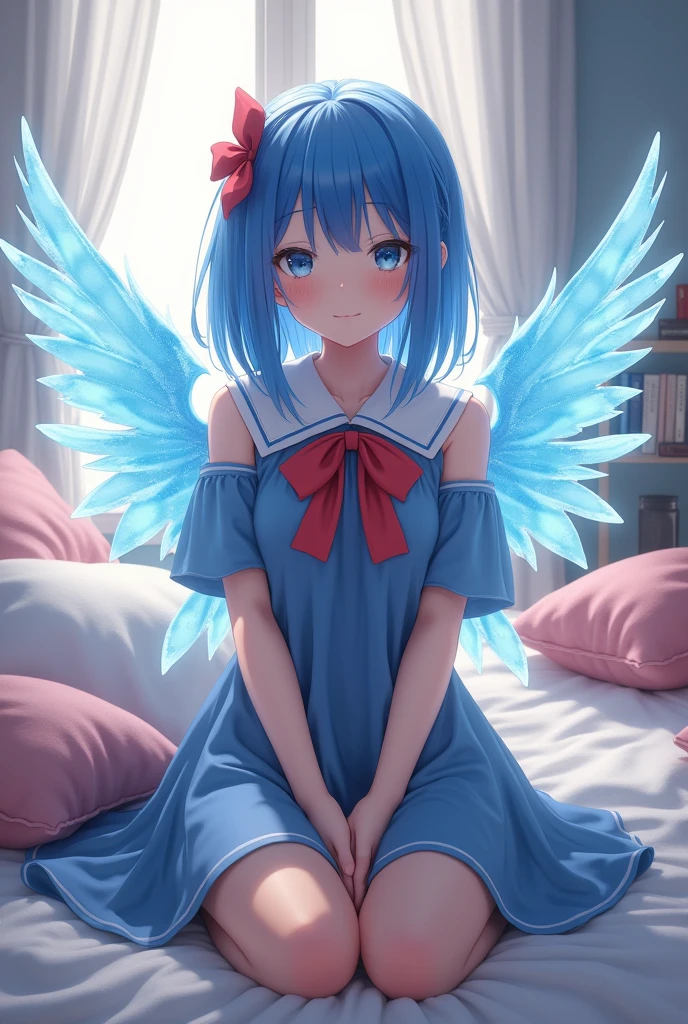 (photorealism:1.2), sitting on bed, wearing loose off-shoulder top, 1girl,blue hair,hair bow,blue dress,short sleeves, ice wings,red bowtie
