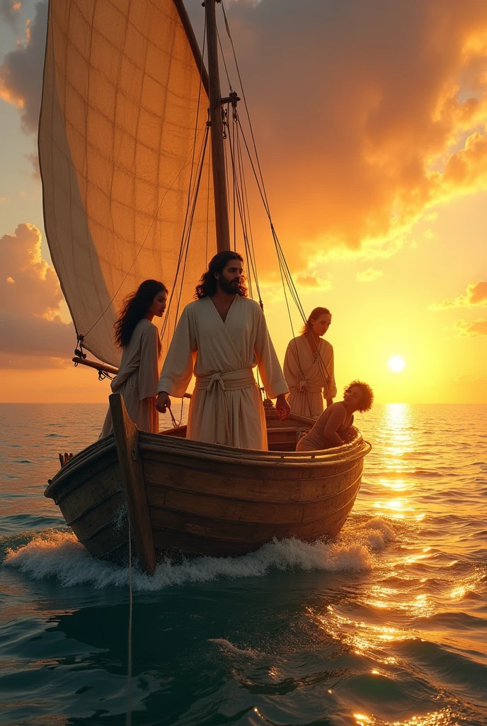 The boat was headed towards the horizon with a family, steered by Jesus., women, man and son
