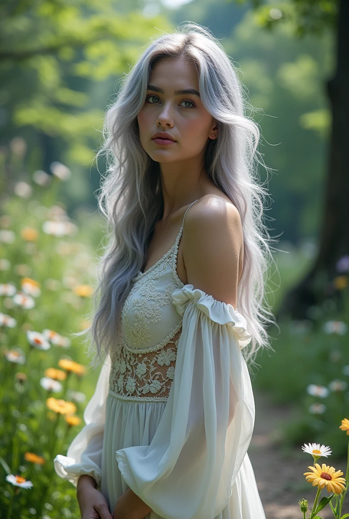 woman with silver hair, violet eyes and a white dress