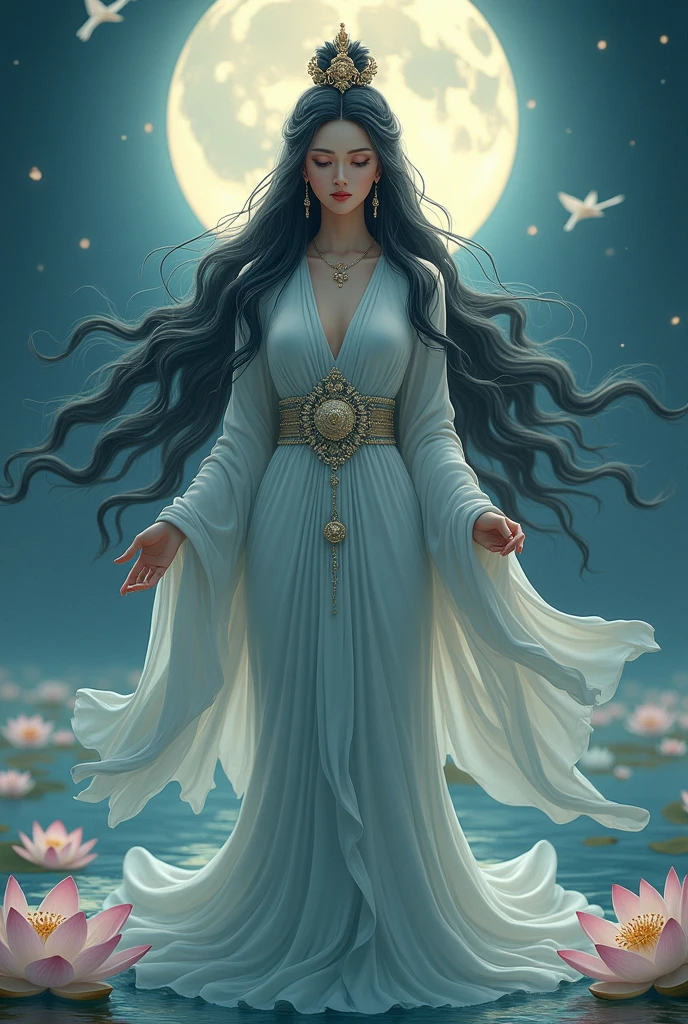 (masterpiece,Highest quality,,8k,High resolution),One female,,Beautiful Face,Beautiful Face,Beautiful eyes,Beautiful lips,Compassionate Mother Kannon,Black Hair,,Wave,,Standing on the surface of the water,,flower,bird,,moon,,jewelry,Holding,Long sleeve,Veil,necklace,Lotus,Long Hair,dress,(whole body),Highly detailed CG,