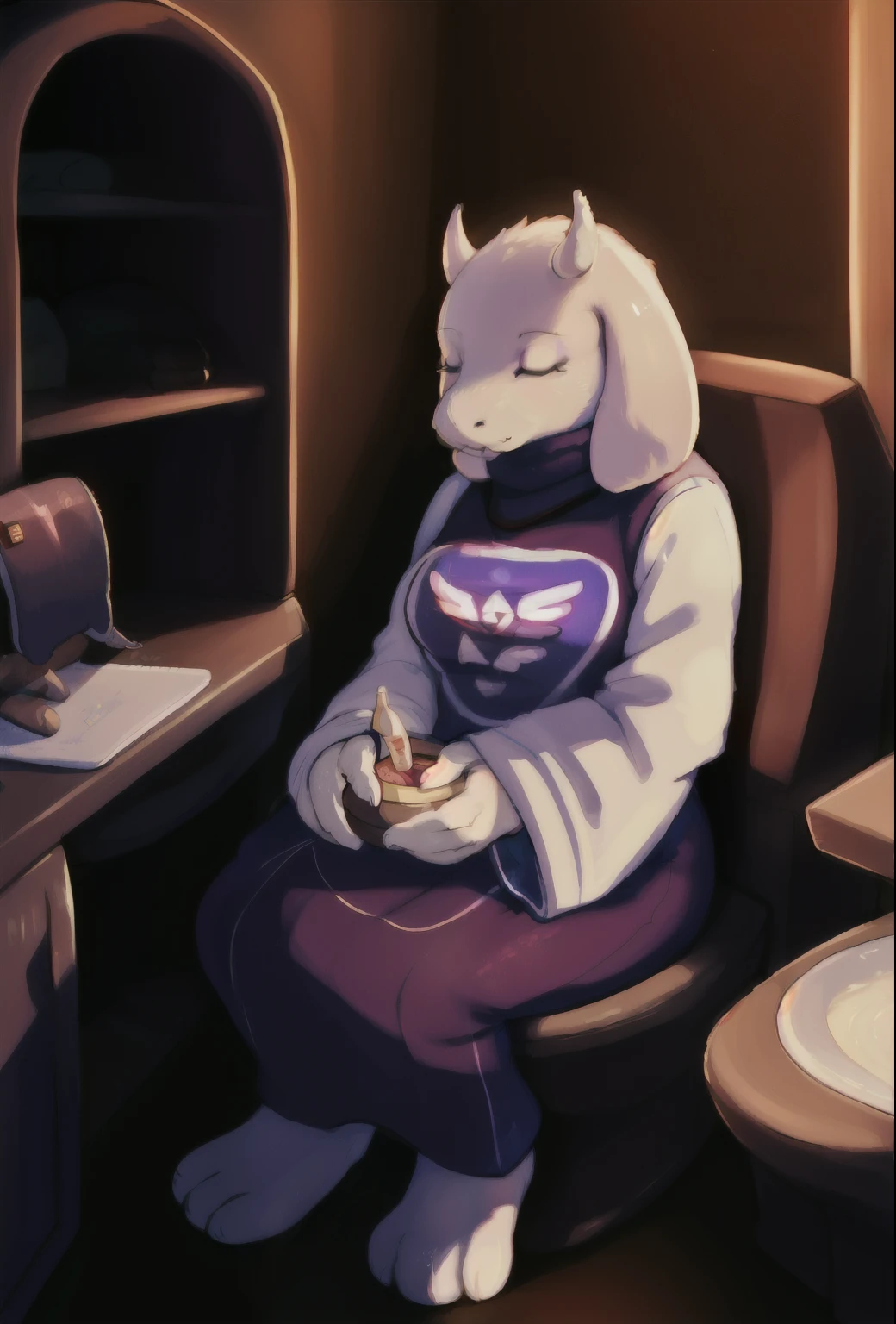 toriel, sitting in toilet, anthro goat, furry, sleeping, extremely detailed, 8k, photorealistic, intricate details, soft lighting, warm colors, digital art