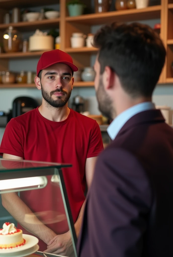A handsome young he is only 24 year old guy who is a staff at a cake shop, is wearing a red T-shirt and a cap. He is talking to a customer from the other side of the counter, who is wearing a dark purple 3 piece suit. He is 40 years old, has black hair but light white beard.