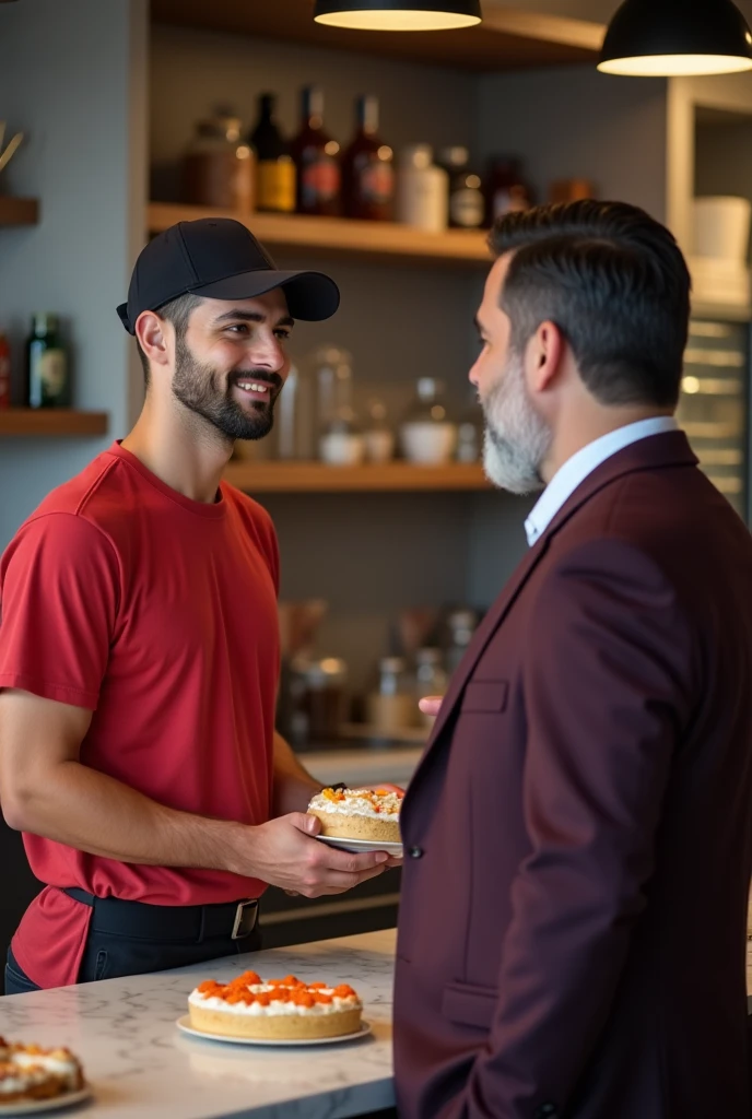 A handsome young he is only 24 year old guy who is a staff at a cake shop, is wearing a red T-shirt and a cap. He is talking to a customer from the other side of the counter, who is wearing a dark purple 3 piece suit. He is 40 years old, has black hair but light white beard.