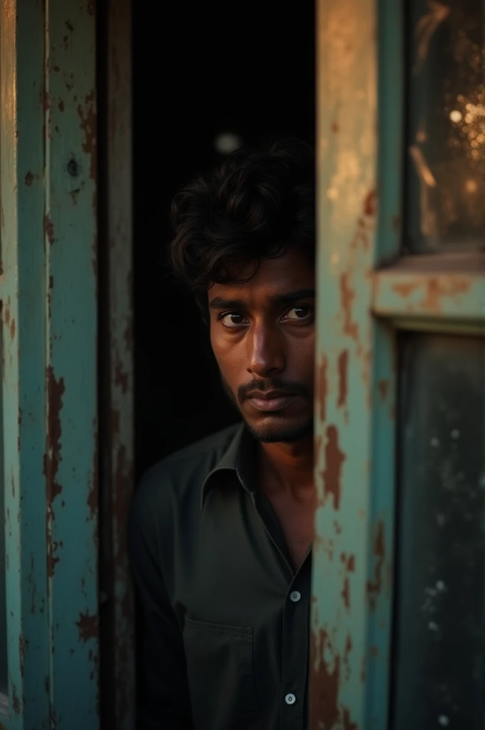 A close-up of Shyam standing in the doorway of the house, looking anxious and hesitant. His eyes are wide with uncertainty as he contemplates the old woman’s offer to stay.