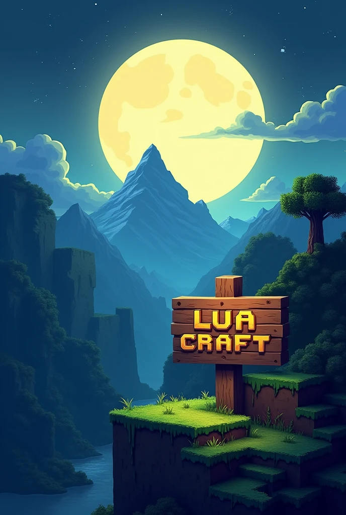 A logo for a Minecraft server named "Lua Craft" in Minecraft style with a beautiful square and big moon in the background along with a mountain with a sign written" Lua Craft", in square letters in square proportion