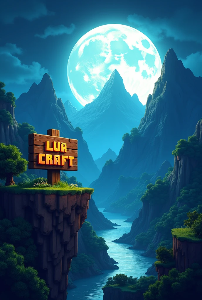 A logo for a Minecraft server named "Lua Craft" in Minecraft style with a beautiful square and big moon in the background along with a mountain with a sign written" Lua Craft", in square letters in square proportion