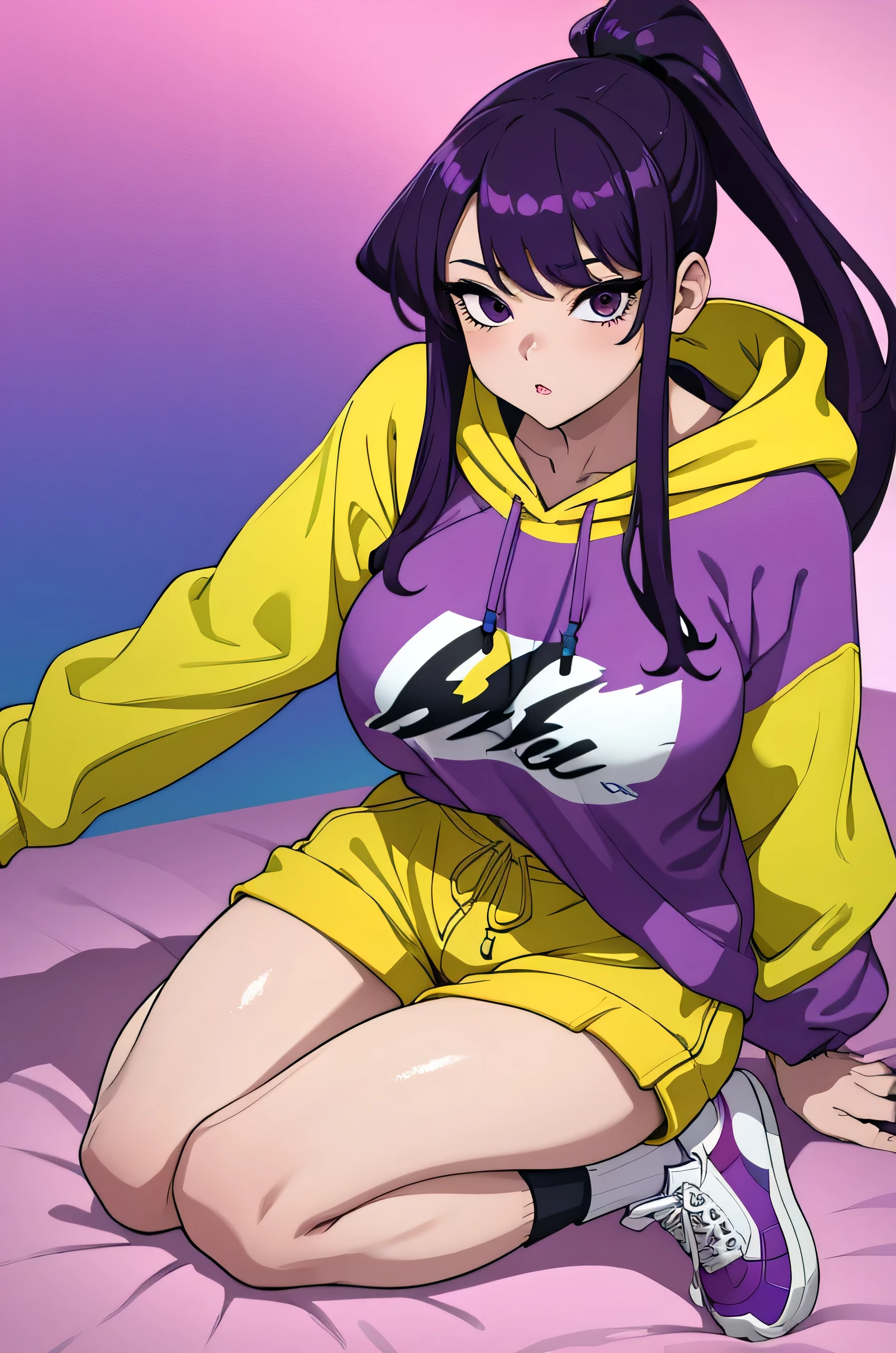 masterpiece, best quality, 1girl, purple hair, ponytail, yellow hoodie, short shorts, loose socks, sneakers, seiza, looking at viewer, large breasts, shiny skin, abstract background, vivid colors, paint splashes, rainbow theme