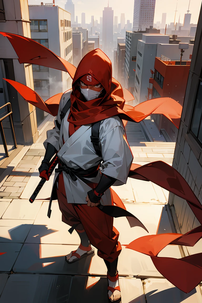 1 men , Ninja Mask , White and red ninja outfit , manga curta , Red scarf , Standing on the sidewalk , Modern city background , darkskin , young male , White hood over head , Perfect Generation