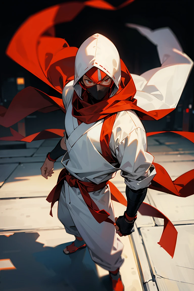1 men , Ninja Mask , White and red ninja outfit , manga curta , Red scarf , Standing on the sidewalk , Modern city background , darkskin , young male , White hood over head , Perfect Generation