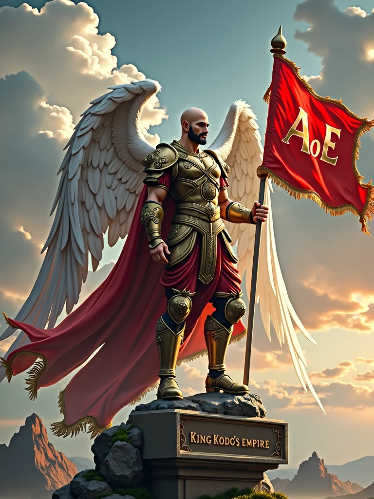 ((best quality)), ((masterpiece)), (detailed), perfect face. Create an epic piece of art featuring an angel of justice that embodies the essence of a god of war and victory. He stands gracefully with a waving flag in his right hand with "AoE" written on it. Next to him is a sign that says "King Kodo's Empire"