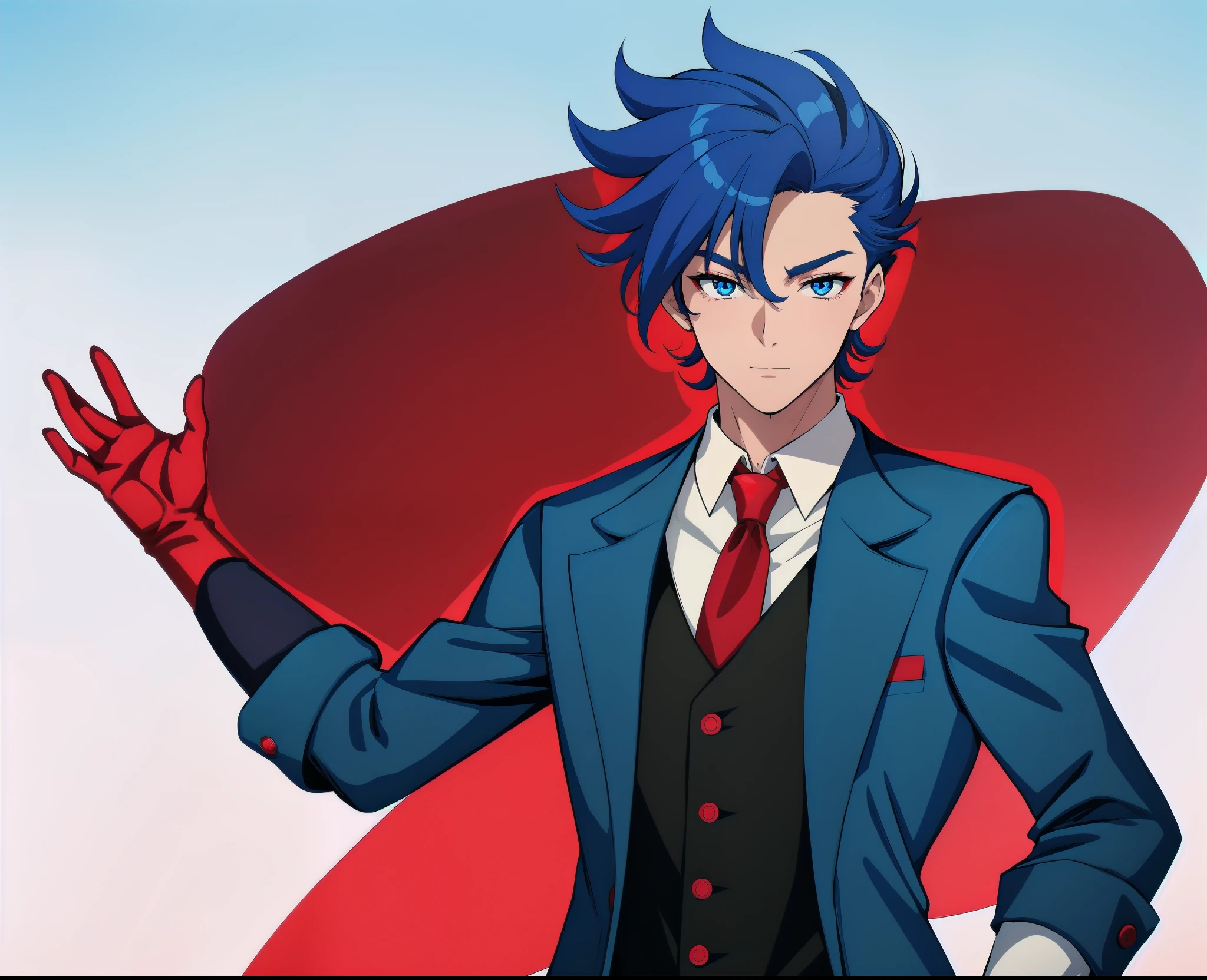 anime boy, dark blue hair, blue eyes, red suit, red coat, (beautiful and aesthetic:1. 5), thick black lineart, clean lineart, perfect lineart, sharp lineart, best quality, high quality, best quality, ultra-detailed, HD, beautiful lighting,