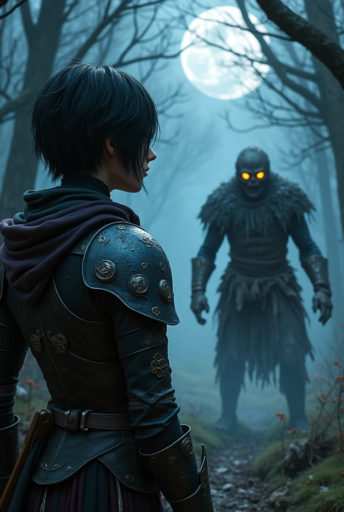 Elfa, a warrior with short black hair, facing a zombie