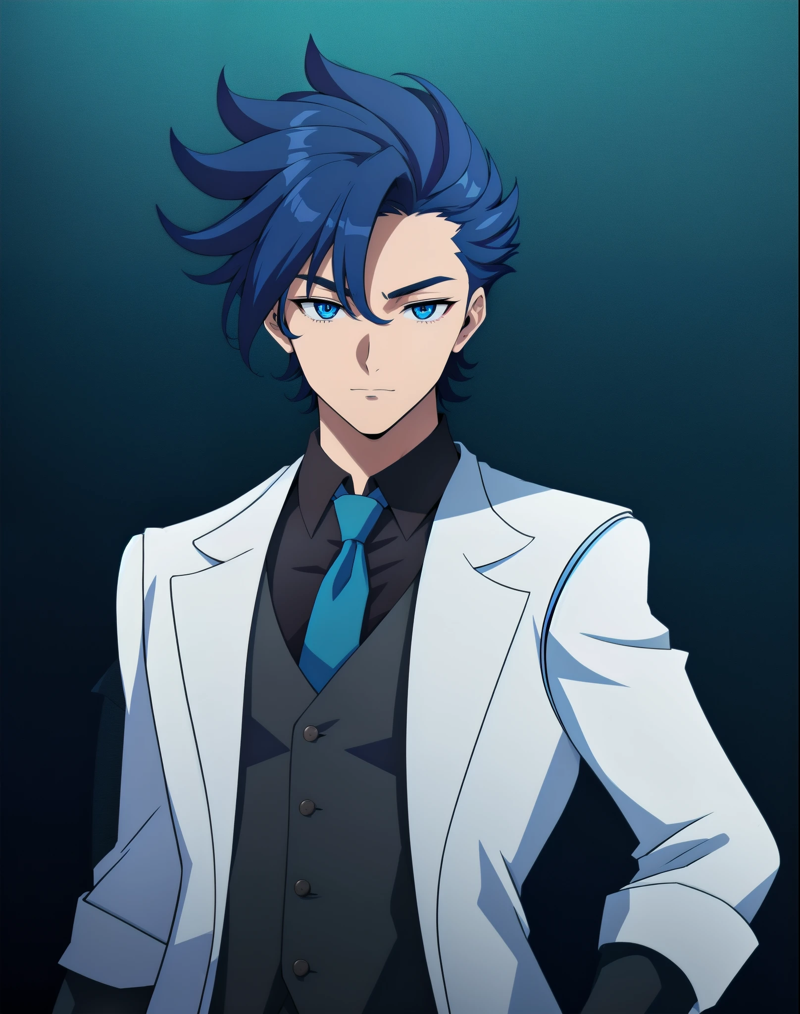 anime boy, dark blue hair, blue eyes, black suit, blue tie, (beautiful and aesthetic:1. 5), thick black lineart, clean lineart, perfect lineart, sharp lineart, best quality, high quality, best quality, ultra-detailed, HD, beautiful lighting,