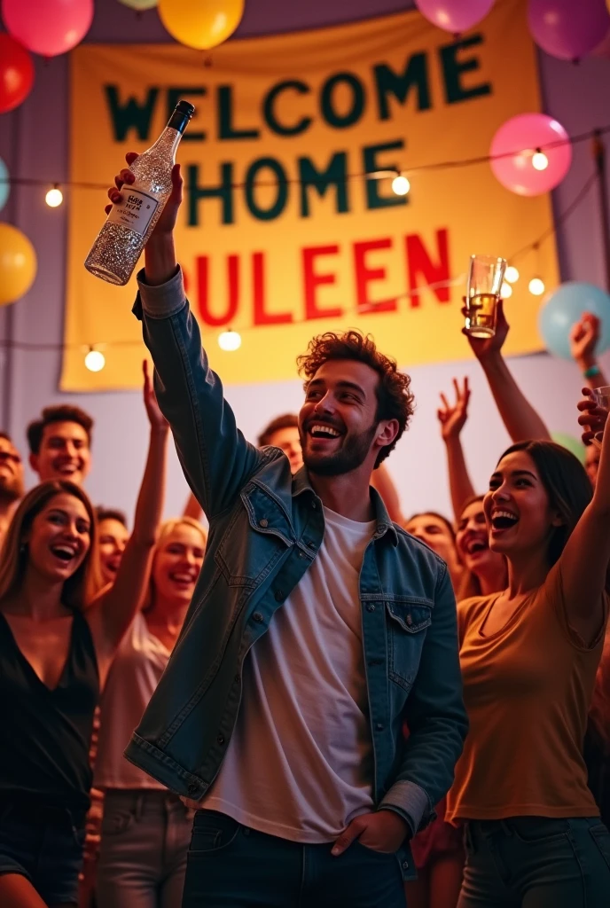 A welcome party, ' WELCOME HOME DULEEN ' sign On the wall, party decos and 5 or 6 mens are cheering. The main welcome boy infront of the sign with a liquor bottel and other friends are cheering at him.high quality realistic image.