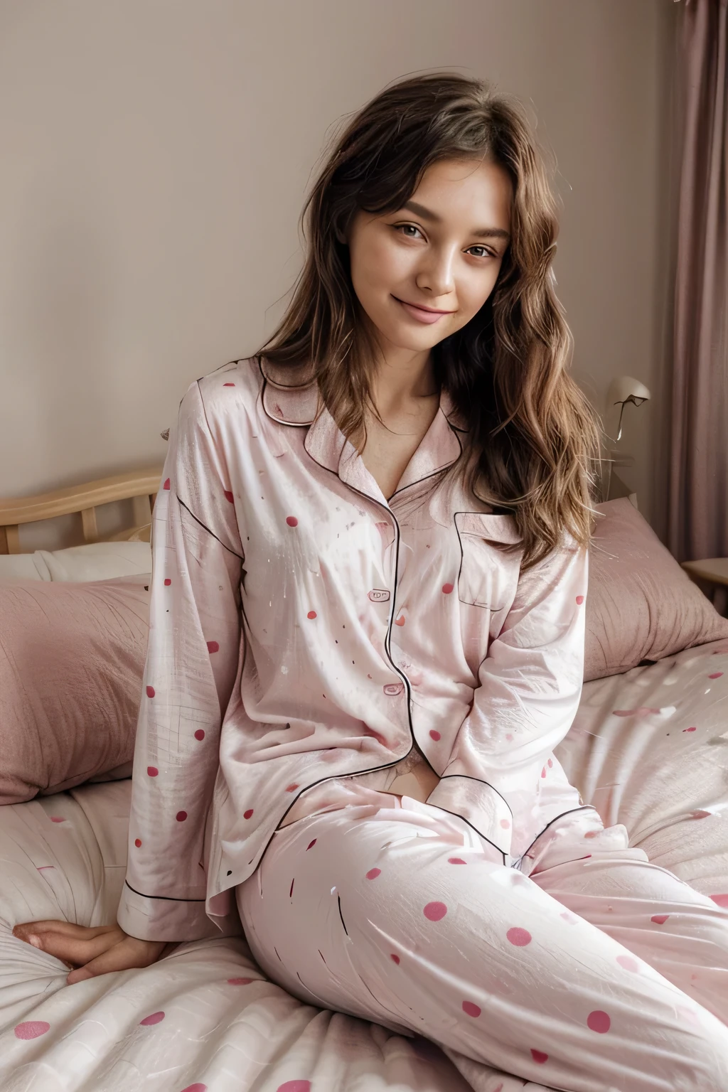 A woman lying in bed, 27 years old, ((pink polka dot pajamas, soft cotton pajamas)), polka dot pajama shirt, she is wearing (loose shirt, shirt buttoned up, fully clothed, long pants, polka dot pajama pants, matching top and bottoms), (wide mattress, featherbed, soft bed, king size pillows, feather pillows), ((messy hair, bed head, gentle eyes, sleepy smile)), best quality, close-up portrait