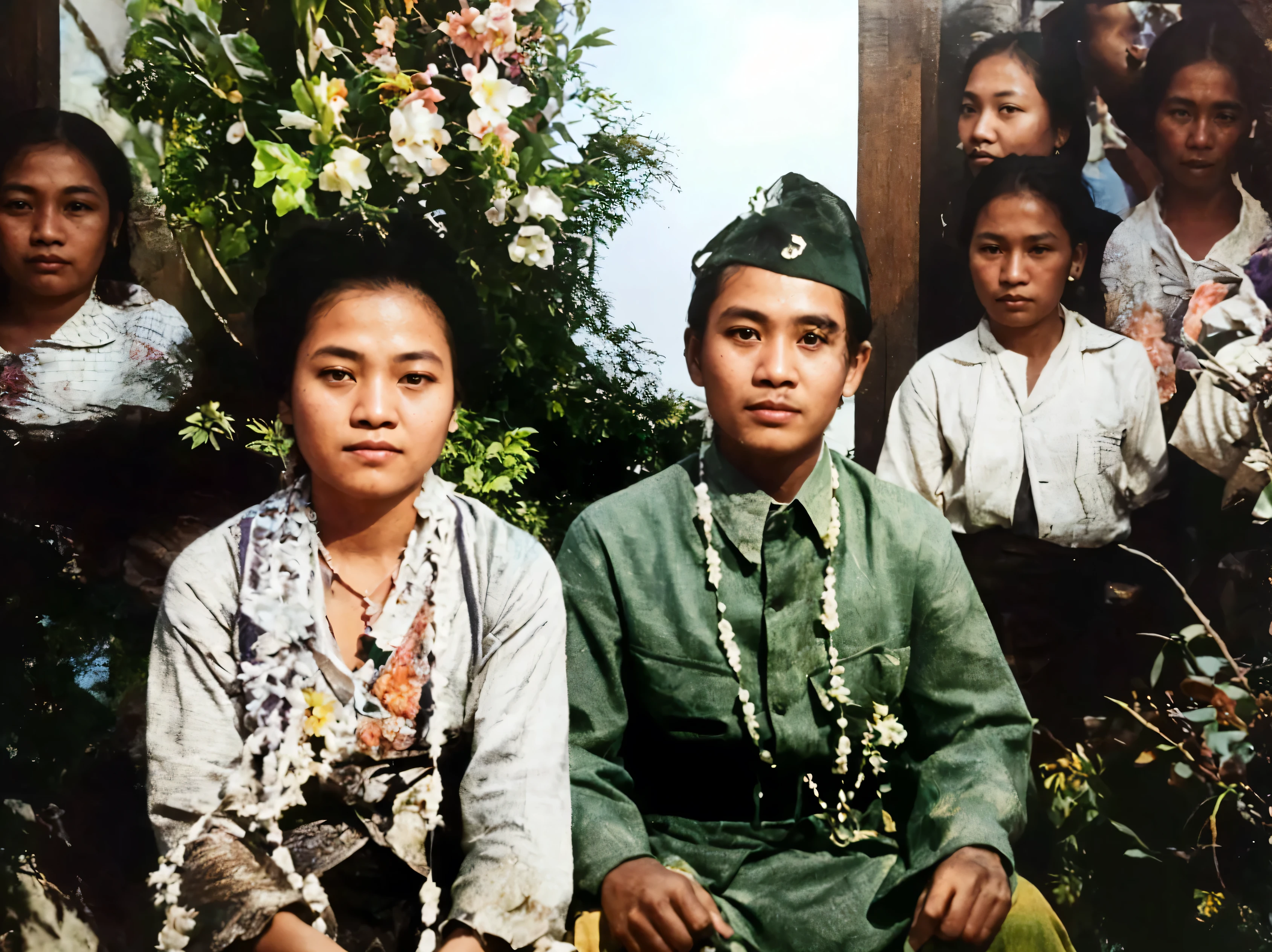 Make this photo look realistic and detailed, there are many people in this picture are posing for a picture, a colorized photo, an indonesian family portrait, colored photo, colorized photograph, coloured photo, colorized photo, award winning colorized photo, colorized, barong family member, colourized, wearing traditional garb, photo taken in 2 0 2 0, old color photograph, colourised, old picture, very detailed potrait, realistic portrait photo, close up potrait, profile portrait, very detailed face, very realistic face, very perfected face, very detailed clothes, very realistic clothes, very perfected clothes