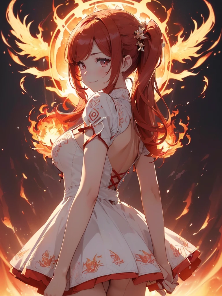 (((best quality, sharp image, clear image, cinematic lighting, 8k resolution, masterpiece, ultra detailed, intricate))) Girl, (((looking over left shoulder))), (shot from behind), ((half shot)), fiery red hair, pigtails, ((white dress)), ((flaming sigils, flaming runes)), spiky rock formations, (flaming lotus flowers frame), (intricate background), ((Phoenix)), (swirling flames), smiling