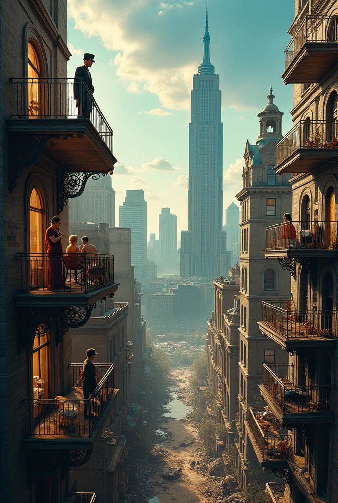 Create a scene that illustrates social inequality within a liberalist system. The setting should be a stark contrast between two distinct areas representing different social strata. On one side, depict a luxurious, opulent environment with affluent individuals enjoying high-end amenities, showcasing wealth and privilege. On the other side, portray a struggling, impoverished area where people are facing hardship and lack of basic necessities. Include visual elements like high-end skyscrapers or mansions juxtaposed with dilapidated housing or crowded slums. The atmosphere should emphasize the disparity between the wealthy and the underprivileged, highlighting the impact of economic policies and social structures on inequality.