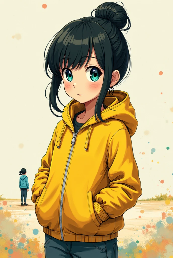 A girl, yellow pastel jacket, hands in pockets, staring at another person, black chignon hair, heterochromic eyes, heterochromic eyes, heterochromic pupils, 8k resolution, very detailed, anatomically correct, digital painting, concept art, ink splash, Makoto Shinkai style, clear picture,