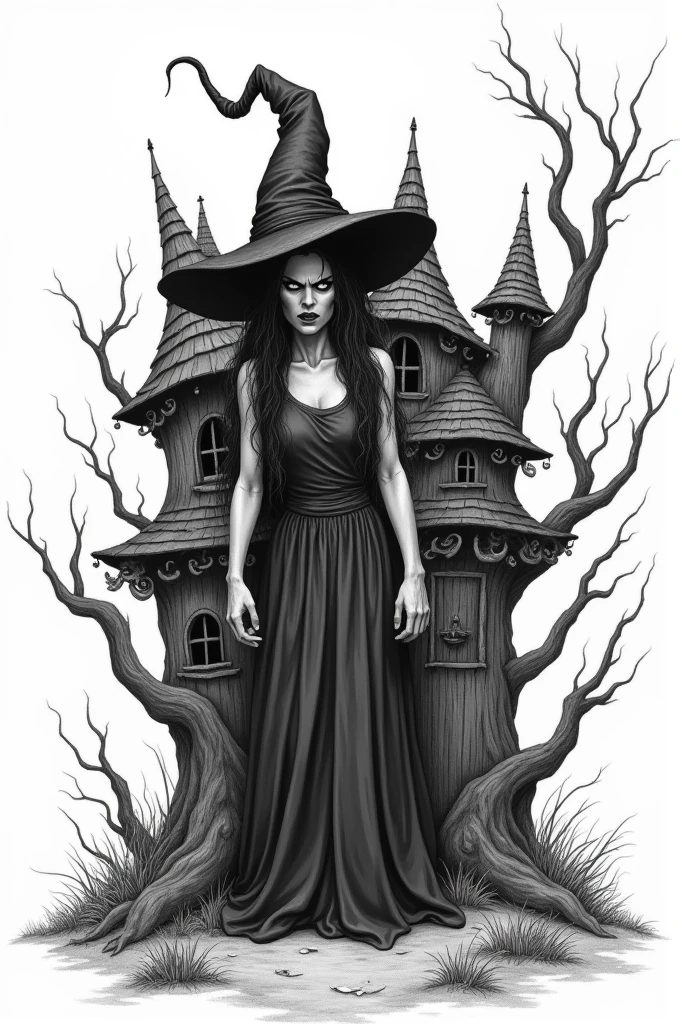 A witch in witch house , angry witch , sketch, white and black image , white background, clear image , in witch house, close view, in her witch house , close view , no small objects