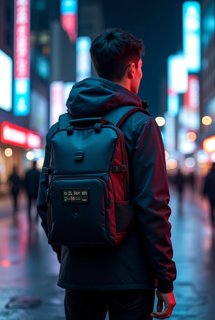 A picture of a tech backpack with a screen 