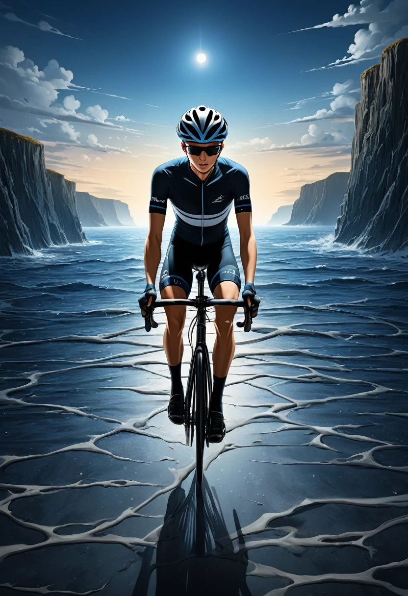 ( Correct and perfect anatomy ) A stylish boy wearing a hat rides a bicycle (close up) (Well-fitting cycling clothing),(Gloves) on a beautiful coastline. Cycling, high dynamic, wind, speed lines, exquisite, detailed, perfect.
The background is a deep twilight coastal scene, the sky gradually darkens, the light gets dimmer.,Beautiful light and shadow art creates a mysterious atmosphere. Highly detailed digital art with soft colors. Surreal high-definition pictures.