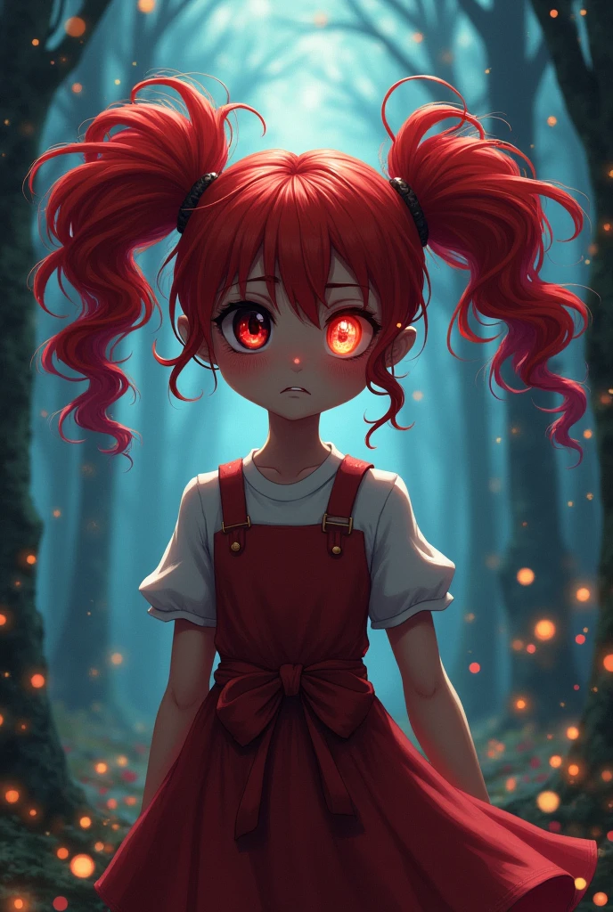 Girl, one red eye one black eye, red twintails, blushing, angry