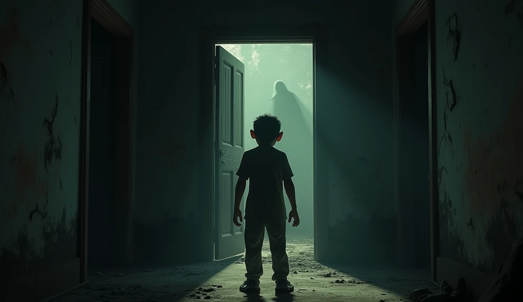 In 3d Animation horror "close-up of Shyam standing in the doorway of the house, looking anxious and hesitant. His eyes are wide with uncertainty as he contemplates the old woman’s offer to stay."