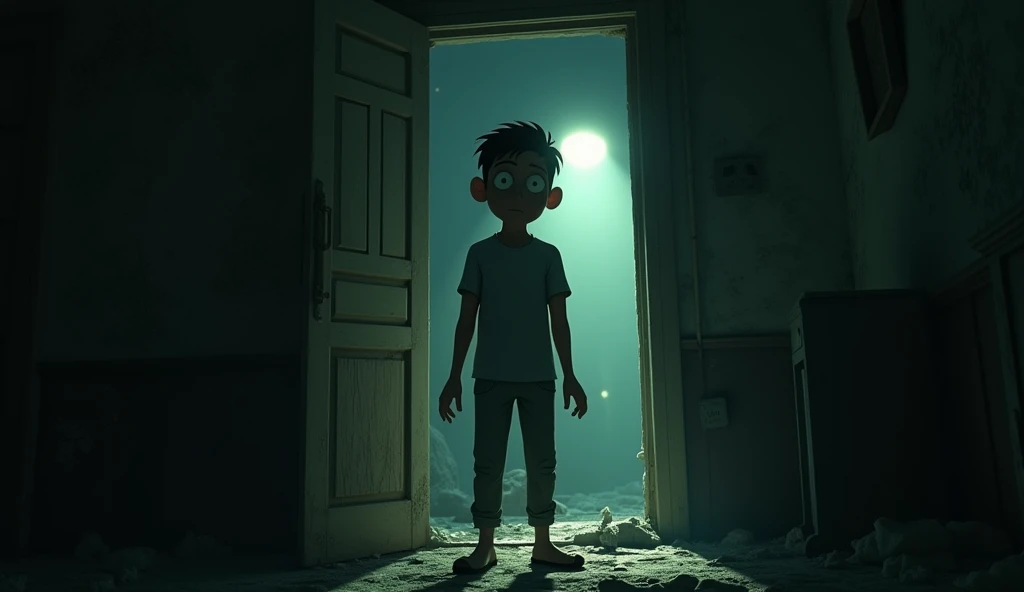 In 3d Animation horror "close-up of Shyam standing in the doorway of the house, looking anxious and hesitant. His eyes are wide with uncertainty as he contemplates the old woman’s offer to stay."