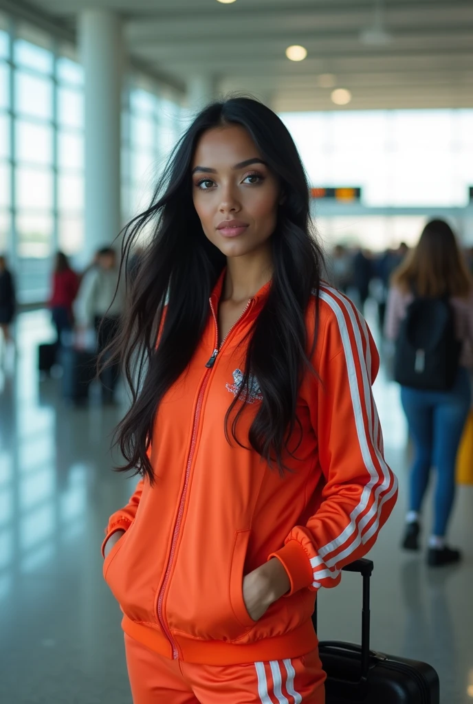 Beautiful 24 year old black haired girl with blue eyes with normal breasts in summer tracksuit at the airport, photorealistic, high quality, 4k, 8k, masterpiece, vivid and ultra detailed colors, HDR, studio lighting, sharp focus, rendering physics, professional portrait