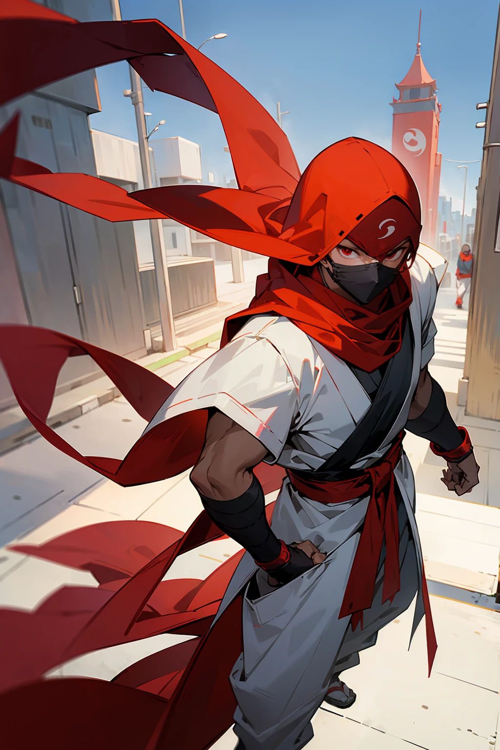 1 men , Ninja Mask , White and red ninja outfit , manga curta , Red scarf , Standing on the sidewalk , Modern city background , darkskin , young male , White hood over head , Perfect Generation