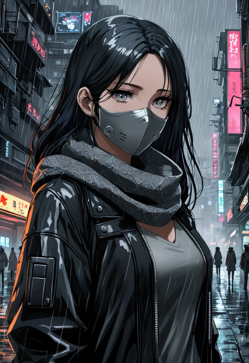a woman, long black hair, beautiful gray-silver eyes, a black jacket, wearing a mask, calm expression, gray scarf, raining, cyberpunk city, gloomy atmosphere