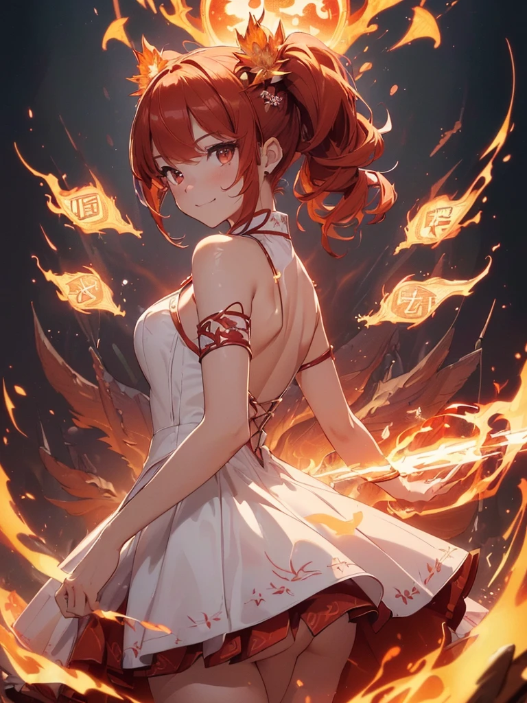 (((best quality, sharp image, clear image, cinematic lighting, 8k resolution, masterpiece, ultra detailed, intricate))) Girl, (((looking over left shoulder))), (shot from behind), ((half shot)), fiery red hair, pigtails, ((white dress)), ((flaming sigils, flaming runes)), spiky rock formations, (flaming lotus flowers frame), (intricate background), ((Phoenix)), (swirling flames), smiling