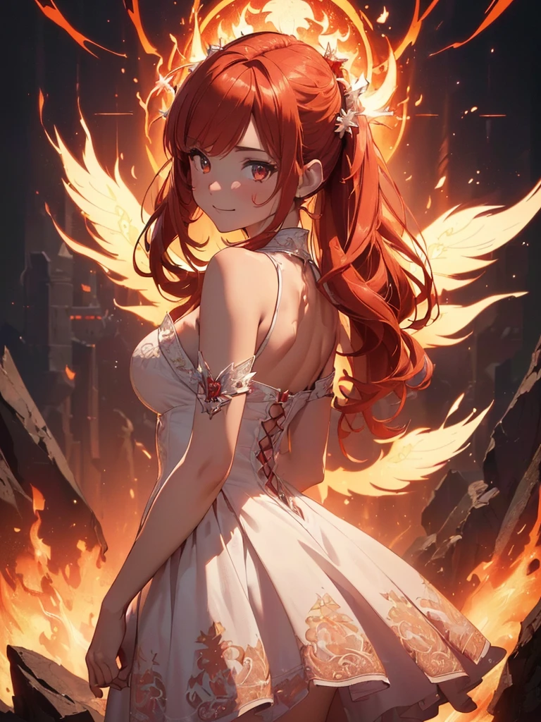 (((best quality, sharp image, clear image, cinematic lighting, 8k resolution, masterpiece, ultra detailed, intricate))) Girl, (((looking over left shoulder))), (shot from behind), ((shot from hip up)), fiery red hair, pigtails, ((white dress)), ((flaming sigils, flaming runes)), spiky rock formations, (flaming lotus flowers frame), (intricate background), ((Phoenix)), (swirling flames), smiling