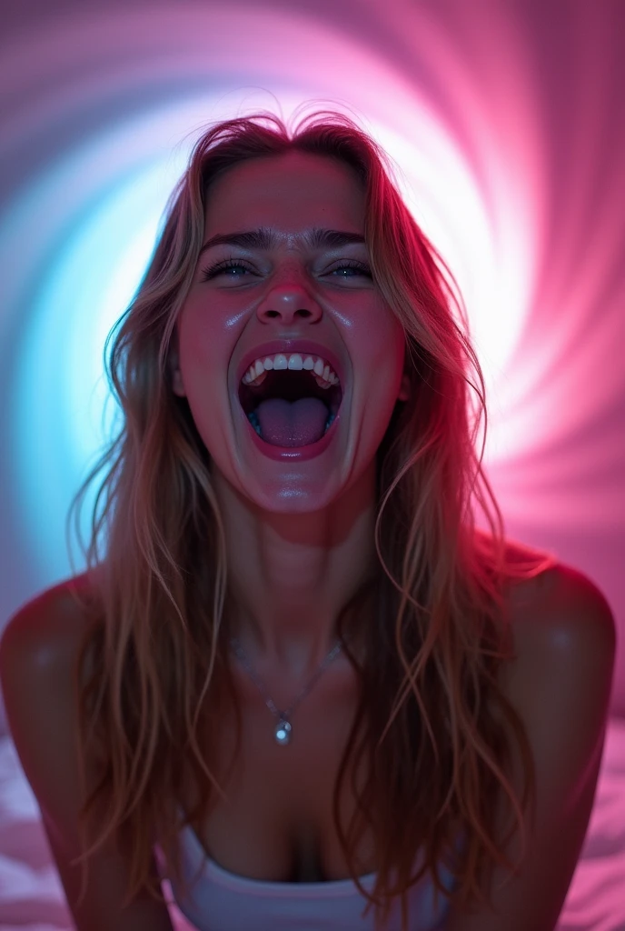 A screaming naked 18yo woman with big in a bedroom with a portal behind her. The woman is brightly lit and sweaty. Brightly lit room. Close up