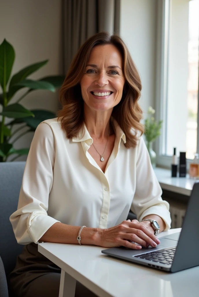 Crée une photo d'une femme nommée Sophie Vallois, rédactrice beauté pour un magazine féminin. Elle est dans la soixantaine, avec des cheveux châtains mi-longs, portant une tenue élégante mais décontractée, comme une blouse moderne. Sophie est assise à un bureau avec des accessoires de beauté et un ordinateur portable devant elle, dans un environnement lumineux et chic. Elle affiche un sourire chaleureux, reflétant son professionnalisme et sa passion pour la beauté.