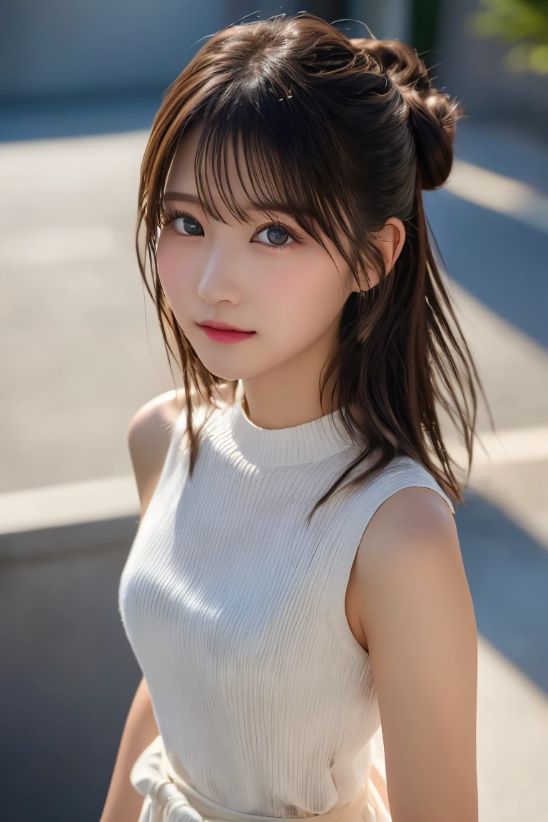 Highest quality, (beautiful)、beautiful女性、、Precision Eyes、Brown eyes、Looking into the camera、Bun Hair、Shoot from above、Head to waist、Medium Hair