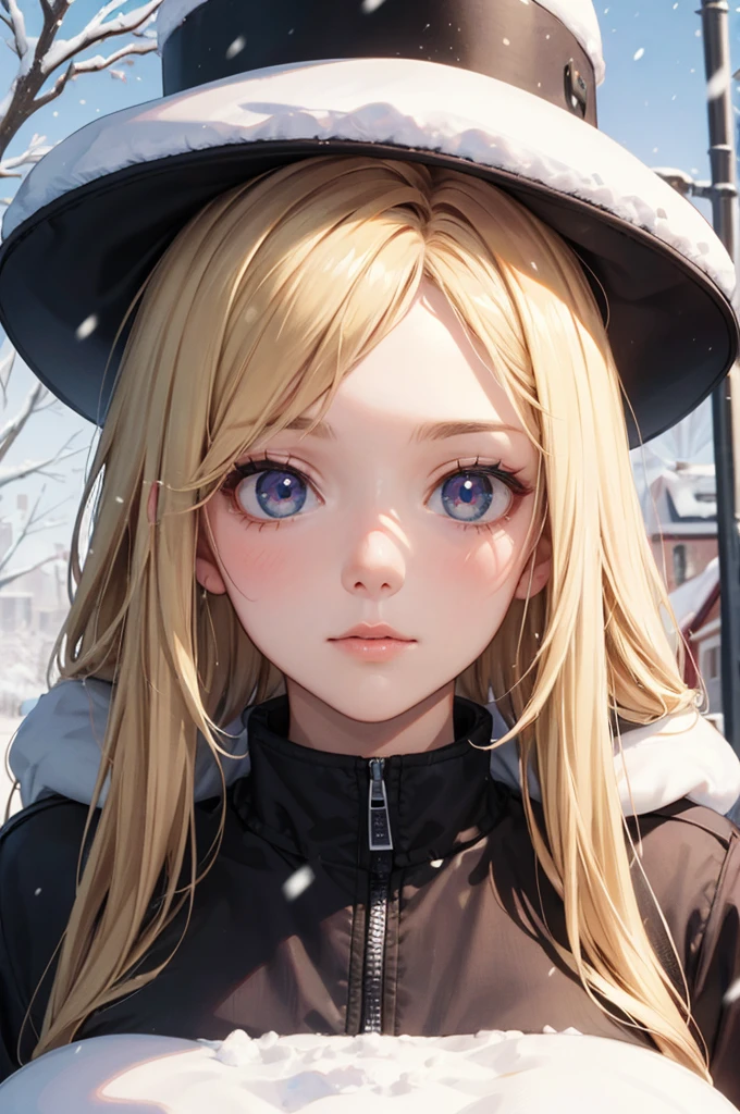 Portrait of a beautiful European ,alone,,Beautiful Face, blonde, Sharp focus,snow day,,from the front,I&#39;m looking forward to,Upper Body,blue eyes,