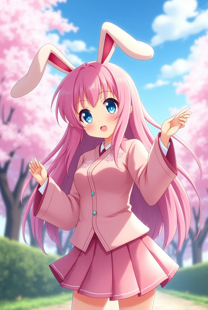 Anime girl kawaii with pink long hair blue eyes bunny ears and pink japanese uniform