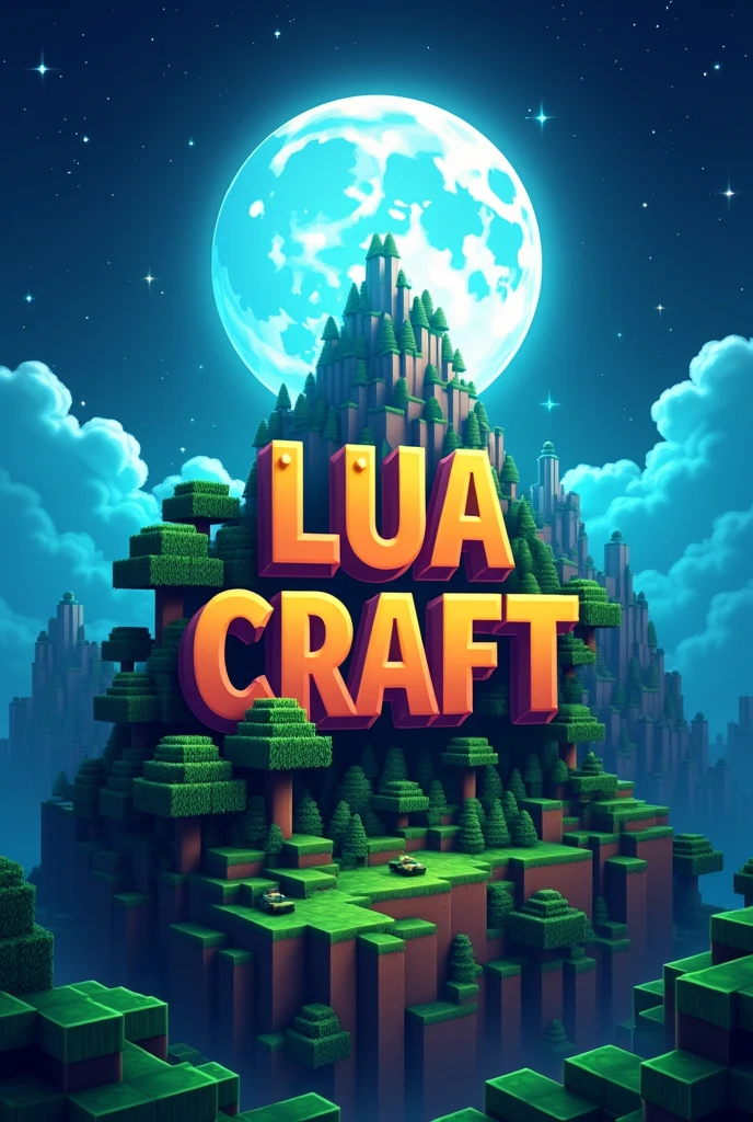 A logo for a Minecraft server named "Lua Craft" in Minecraft style with a beautiful square and large moon in the background along with a mountain with a Hollywood-style sign written " Lua Craft", in square letters in square proportion