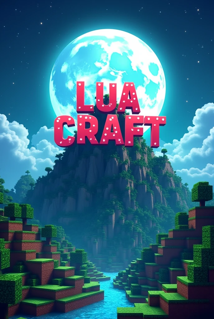 A logo for a Minecraft server named "Lua Craft" in Minecraft style with a beautiful square and large moon in the background along with a mountain with a Hollywood-style sign written " Lua Craft", in square letters in square proportion