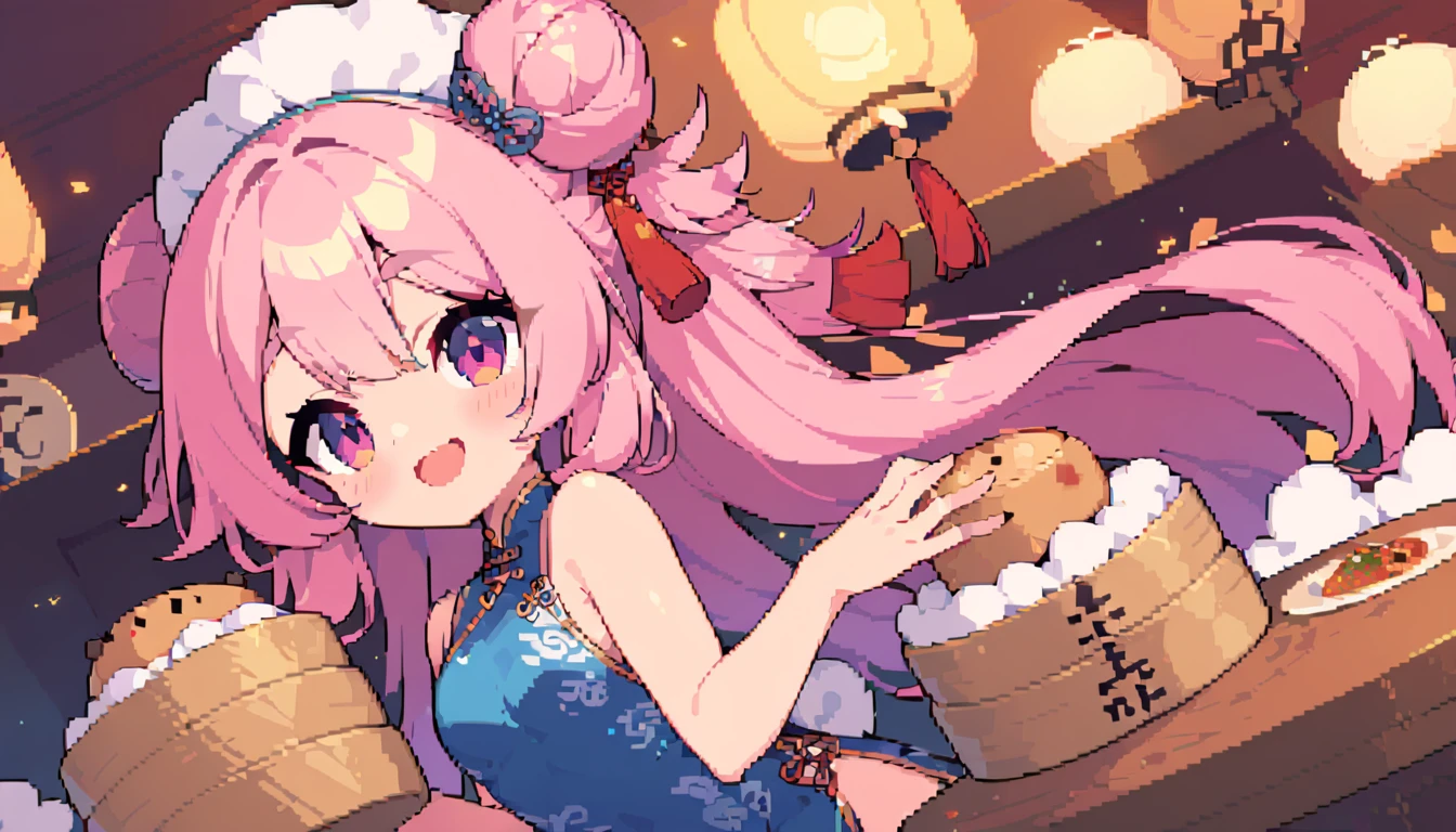 masterpiece, Highest quality, 8k, Pixel art, Pixel art, Vivid, woman, 若いwoman, smile, cute, Turning at an angle, Open your mouth, Fluffy hair, Long Hair, Hair like sheep's hair, Pink Hair, eyebrow, 太いeyebrow, China dress, Chignon Cap, (Highest quality:1.0), (China Hotel), Holding a bamboo steamer in both hands, It contains meat buns, Sheep shaped table, Sheep Chef