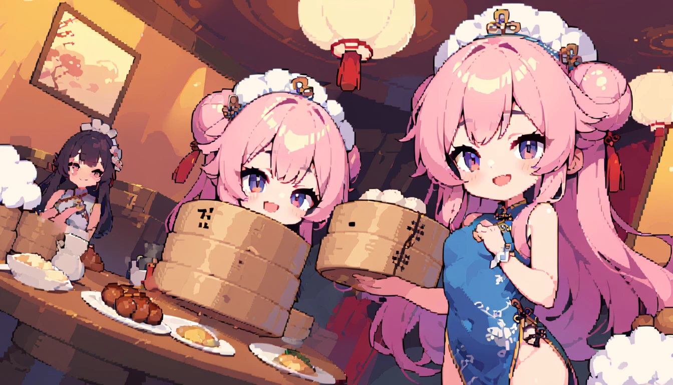 masterpiece, Highest quality, 8k, Pixel art, Pixel art, Vivid, woman, 若いwoman, smile, cute, Turning at an angle, Open your mouth, Fluffy hair, Long Hair, Hair like sheep's hair, Pink Hair, eyebrow, 太いeyebrow, China dress, Chignon Cap, (Highest quality:1.0), (China Hotel), Holding a bamboo steamer in both hands, It contains meat buns, Sheep shaped table, Sheep Chef