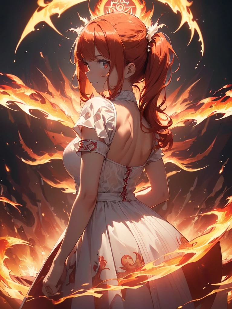 (((best quality, sharp image, clear image, cinematic lighting, 8k resolution, masterpiece, ultra detailed, intricate))) Girl, (((looking over left shoulder))), (shot from behind), ((half shot)), fiery red hair, pigtails, ((white dress)), ((flaming sigils, flaming runes)), spiky rock formations, (flaming lotus flowers frame), (intricate background), ((Phoenix)), (swirling flames), smiling
