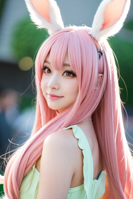 Anime Style, Cartoon close-up of a woman with bunny ears and a tail, With rabbit tail, With rabbit ears, Design of, times, Portraiture, Gisha, Anime Images, Long Hair, Pink Hair, Hair covering the ears, Happy, Sophisticated and powerful appearance, exotic, expensive  