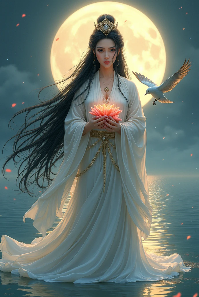 (masterpiece,Highest quality,,8k,High resolution),One female,,Beautiful Face,Beautiful Face,Beautiful eyes,Beautiful lips,Compassionate Mother Kannon,Black Hair,,Wave,,Standing on the surface of the water,,flower,bird,,moon,,jewelry,Holding,Long sleeve,Veil,necklace,Lotus,Long Hair,dress,(whole body),Highly detailed CG,
